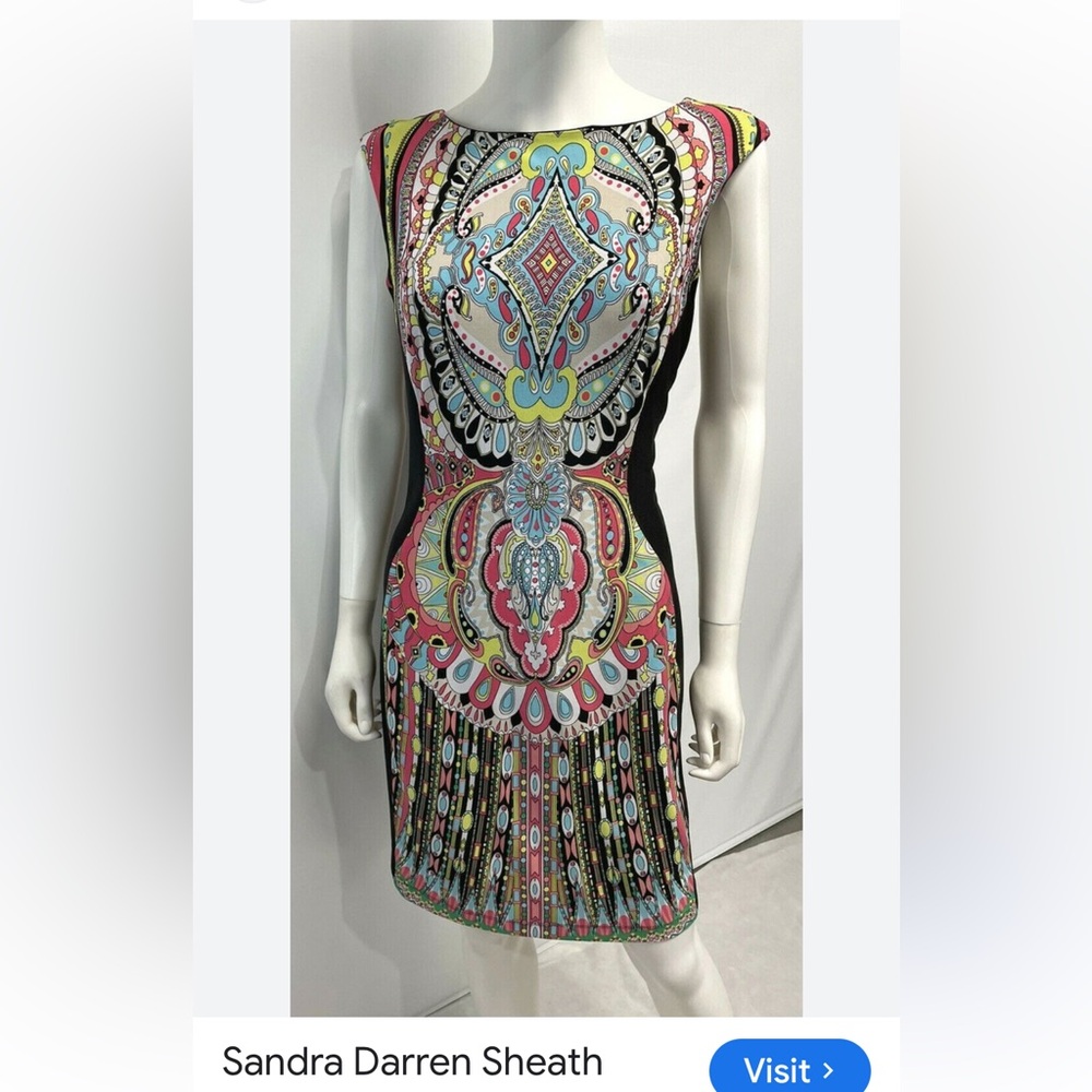 8/$20 Sandra Darren Sheath Dress Ponte Stretch Lined Paisley & Black size 8